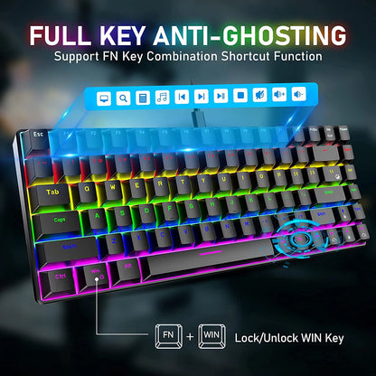 Wired Gaming Keyboard Rainbow Backlit Mechanical Keyboard Type-C 84 Keys Full Keys Anti-Ghosting for PC Gamers Work Office Blue Switch & Red Switch