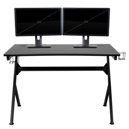 Black Computer Table Gaming Desk - Headphone Holder and 2 Cable Management Holes