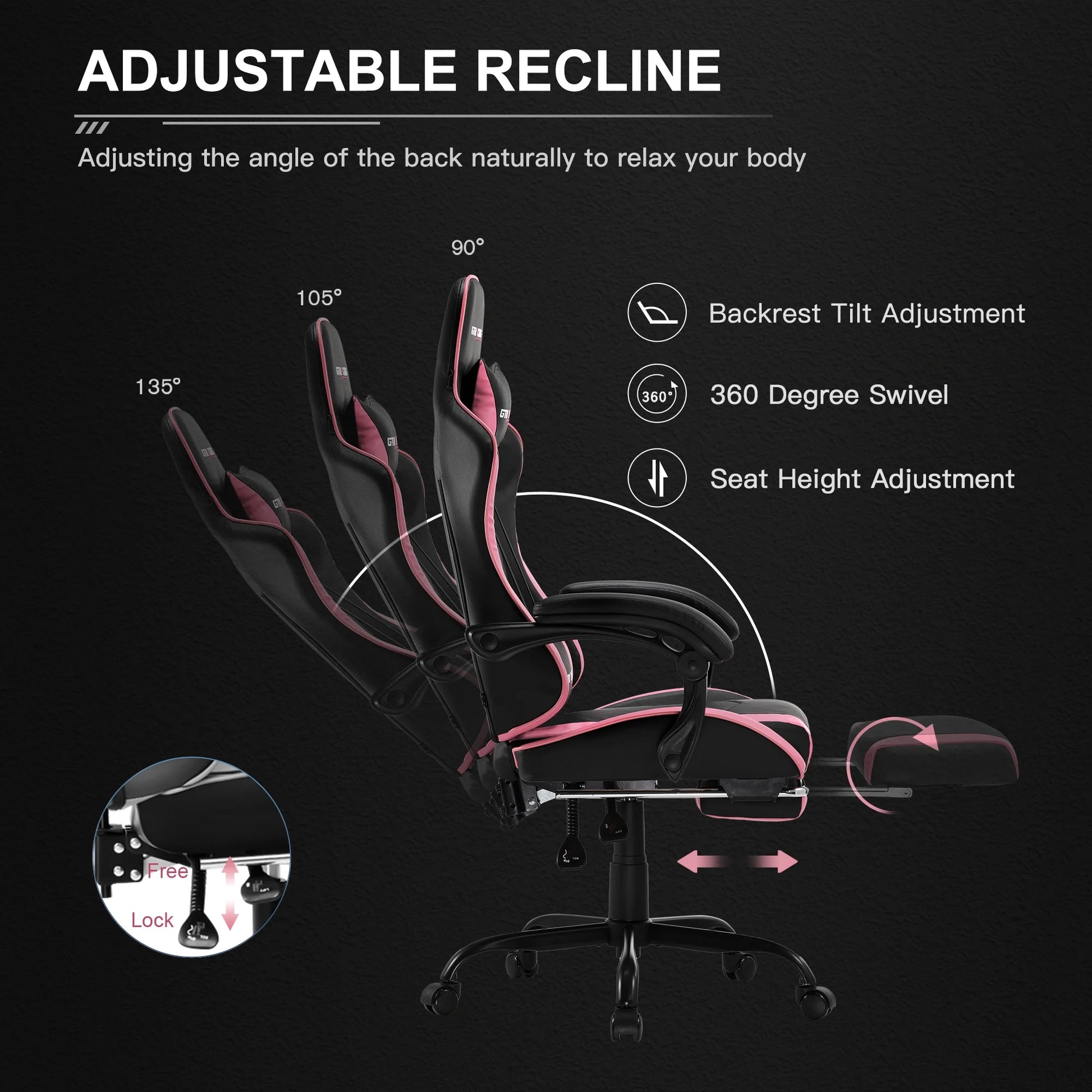 GTWD-200 Gaming Chair with Footrest, Height Adjustable Office Swivel Recliner, Pink