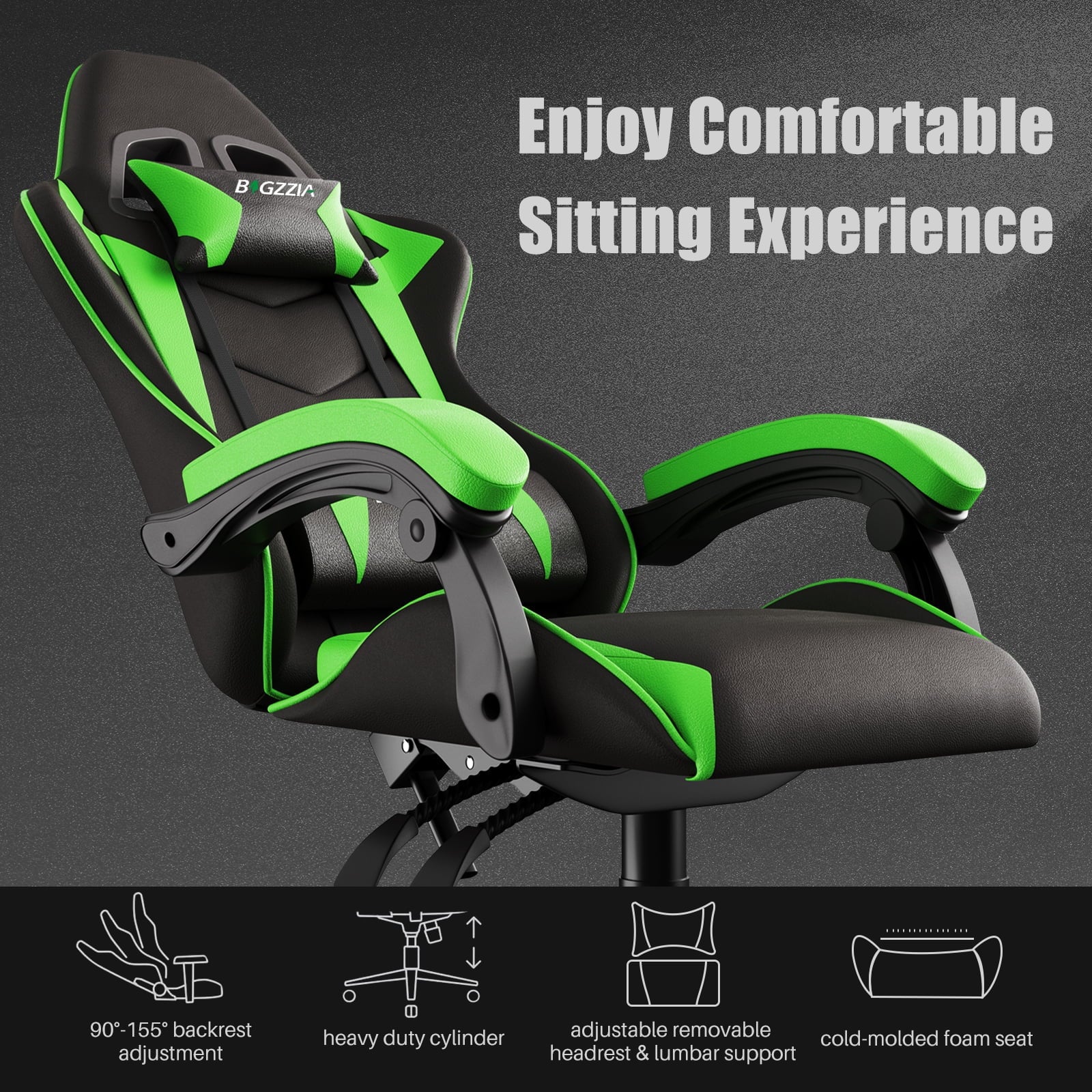 Gaming Chair, Computer with Lumbar Support Height Adjustable with 360-Swivel Seat and Headrest for Office or Gaming (Green)