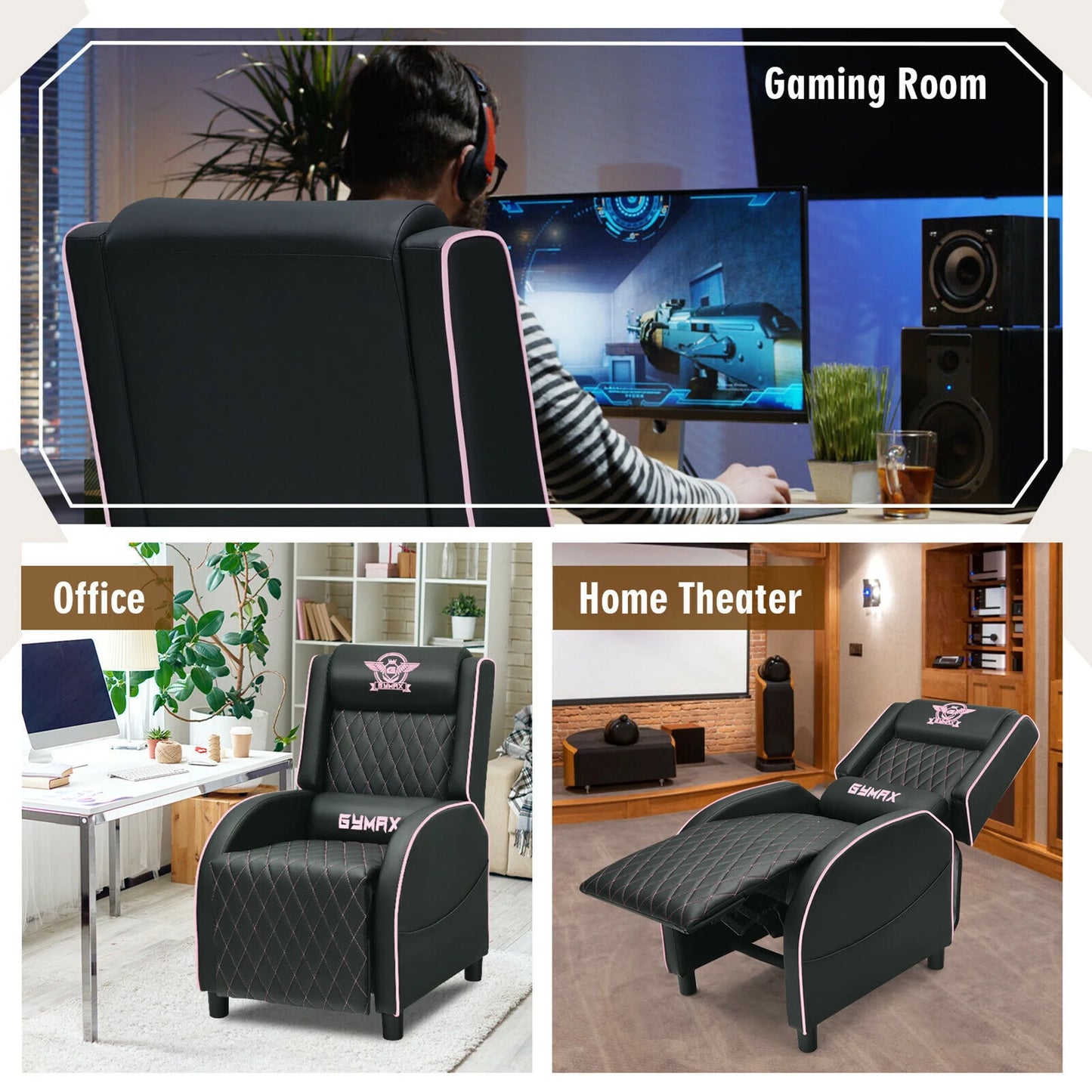 Massage Gaming Recliner Chair Leather Single Sofa Home Theater Seat Pink