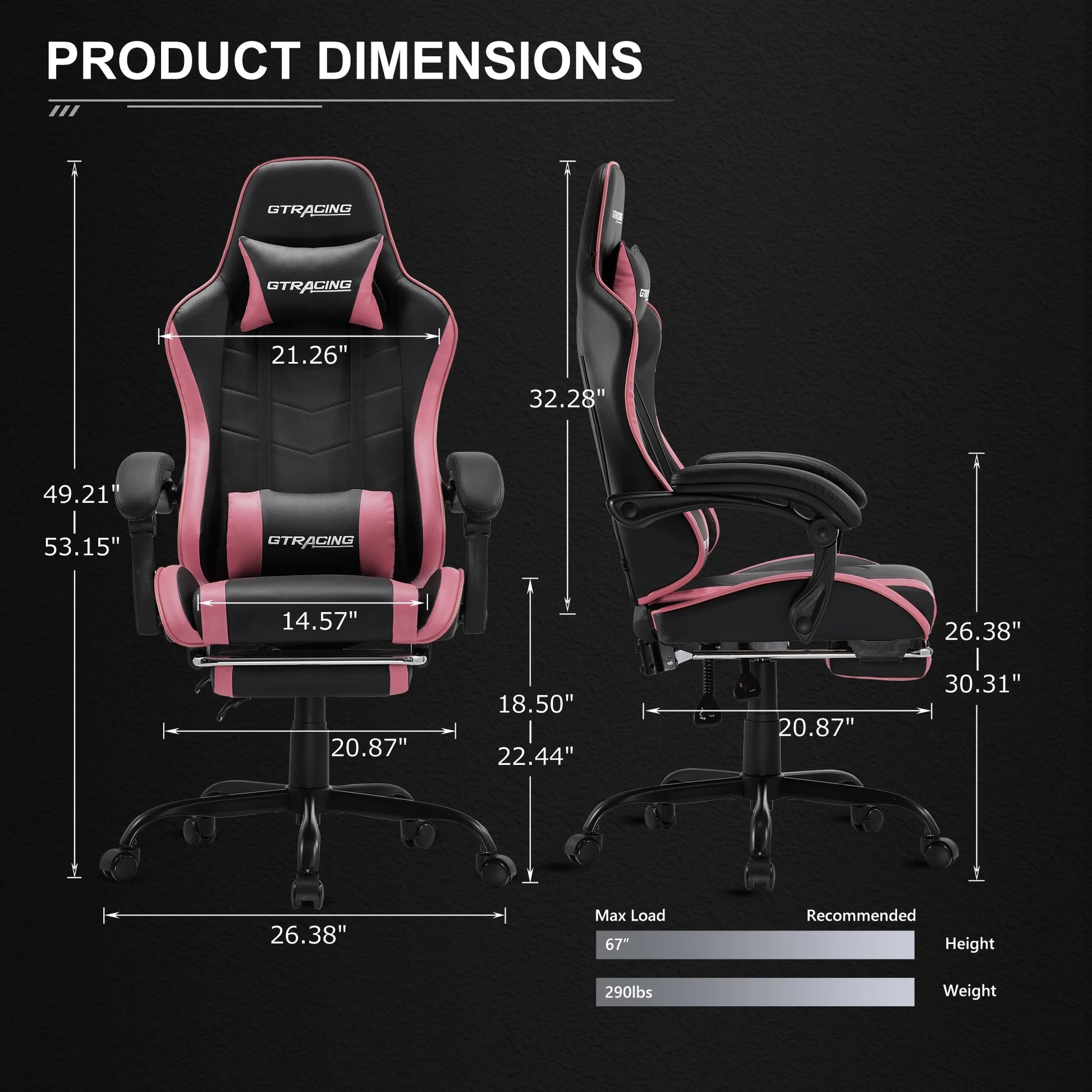 GTWD-200 Gaming Chair with Footrest, Height Adjustable Office Swivel Recliner, Pink