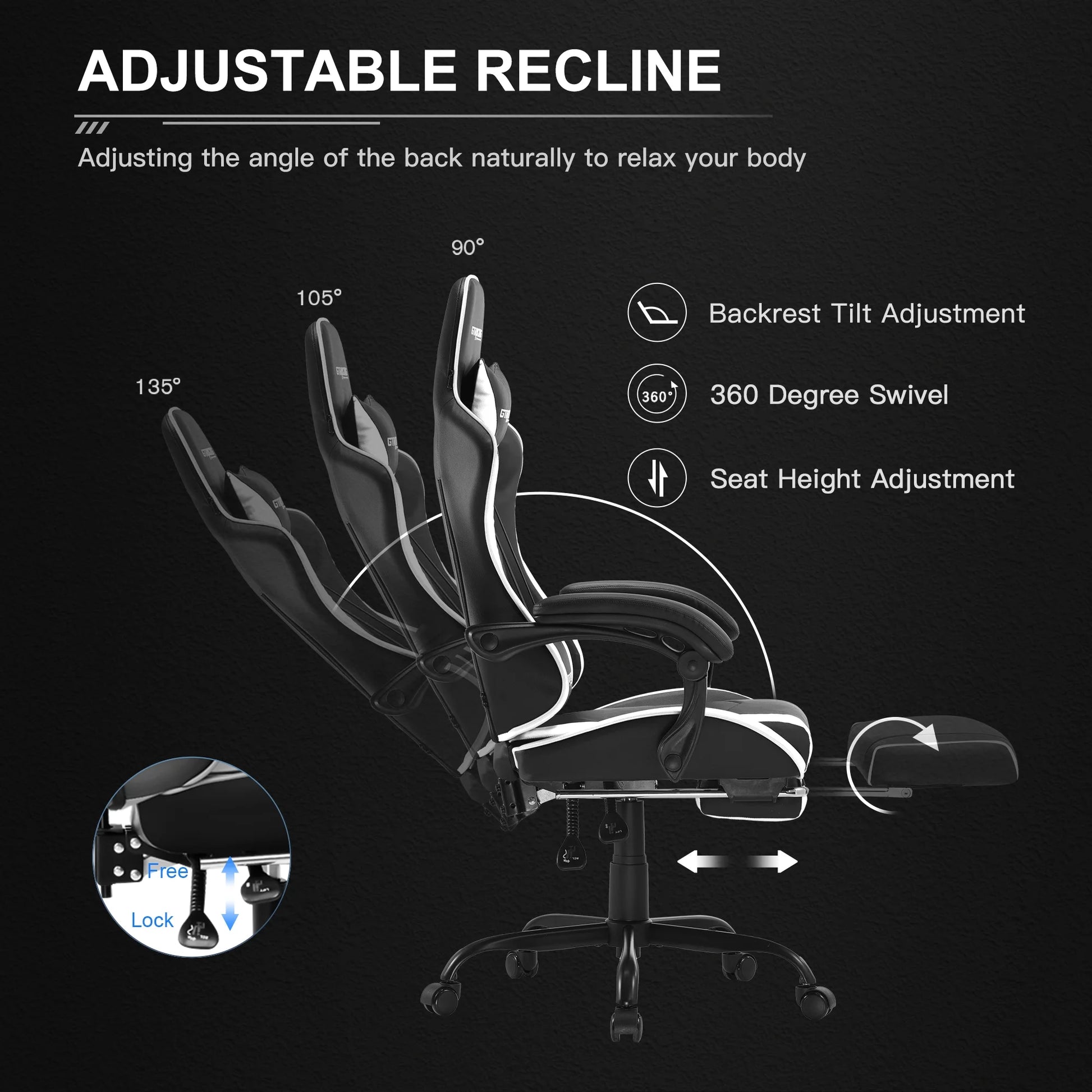 GTWD-200 Gaming Chair with Footrest, Height Adjustable Office Swivel Recliner, White