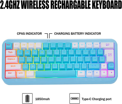 60% 2.4G Wireless Gaming Keyboard with Wrist Rest, Compact 63 Keys Mini RGB Light up Keyboard for PC Mac Laptop, Portable, Rechargeable Quiet for Typing and Gaming (Blue&White)