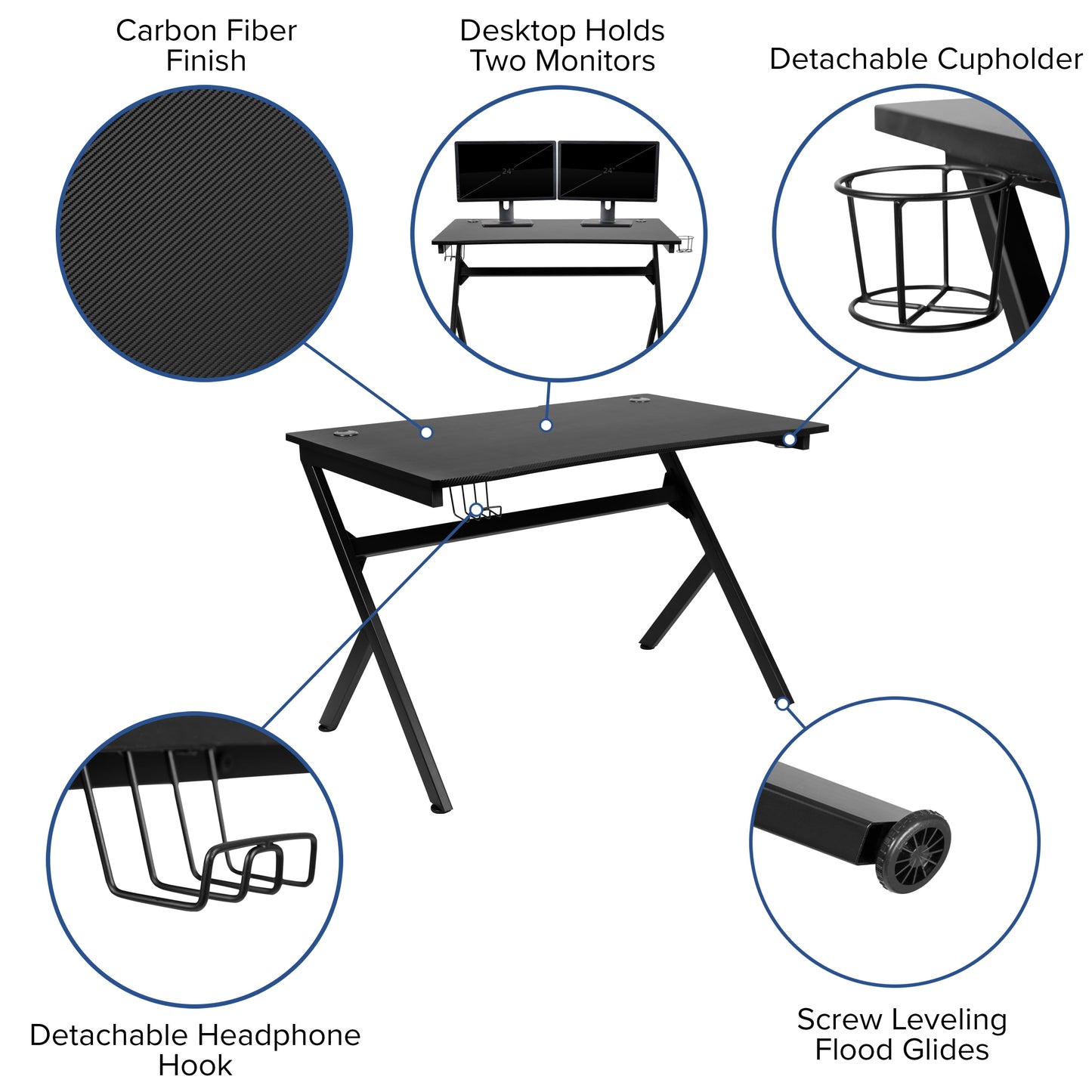 Black Computer Table Gaming Desk - Headphone Holder and 2 Cable Management Holes