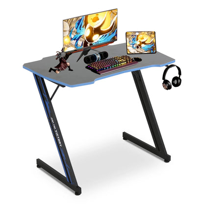 Gaming Desk Z Shaped 39In Computer Gaming Workstation Ergonomic Gaming Table with Headphone Hook for Game Players, Blue