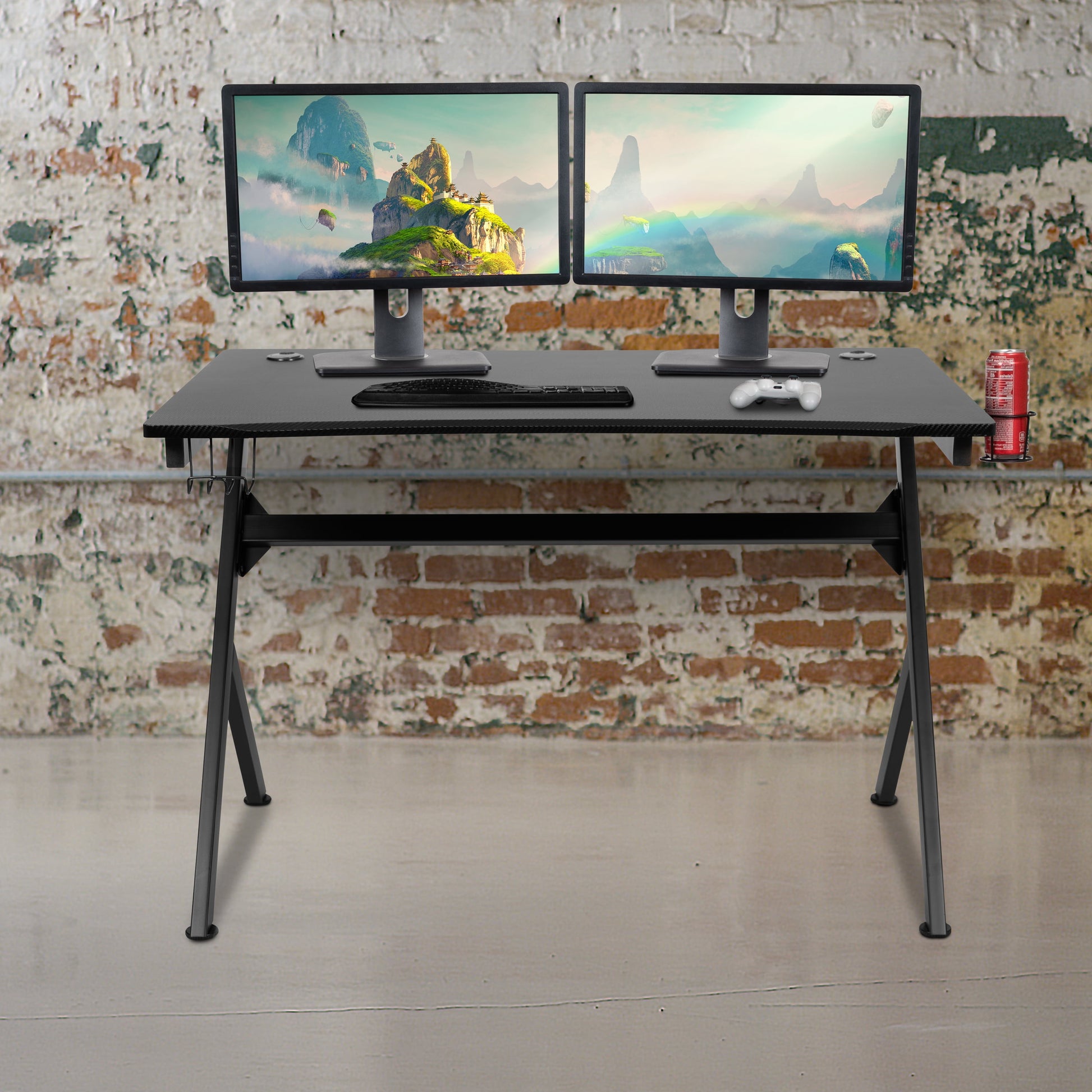 Black Computer Table Gaming Desk - Headphone Holder and 2 Cable Management Holes