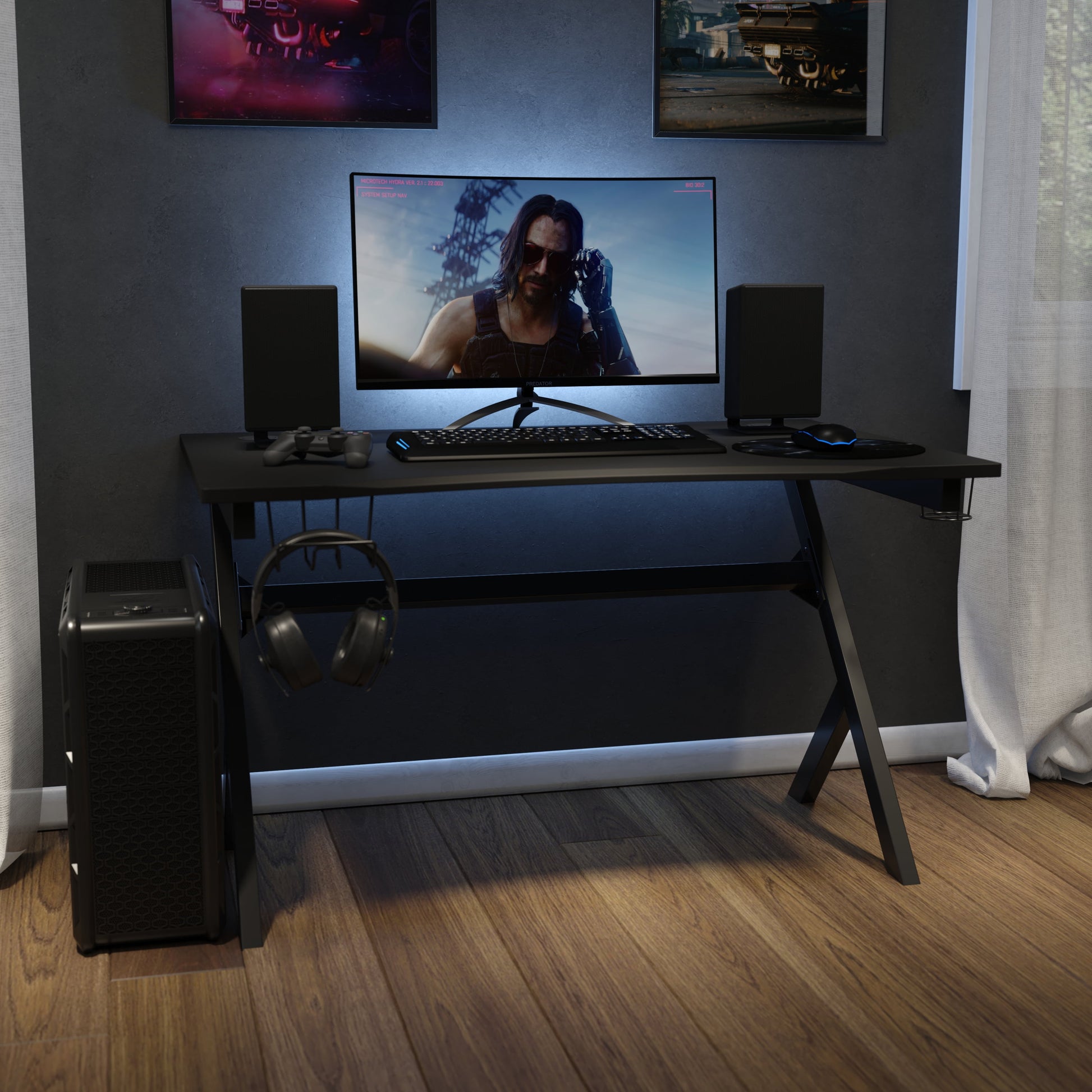 Black Computer Table Gaming Desk - Headphone Holder and 2 Cable Management Holes