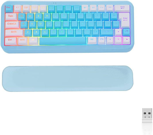 60% 2.4G Wireless Gaming Keyboard with Wrist Rest, Compact 63 Keys Mini RGB Light up Keyboard for PC Mac Laptop, Portable, Rechargeable Quiet for Typing and Gaming (Blue&White)