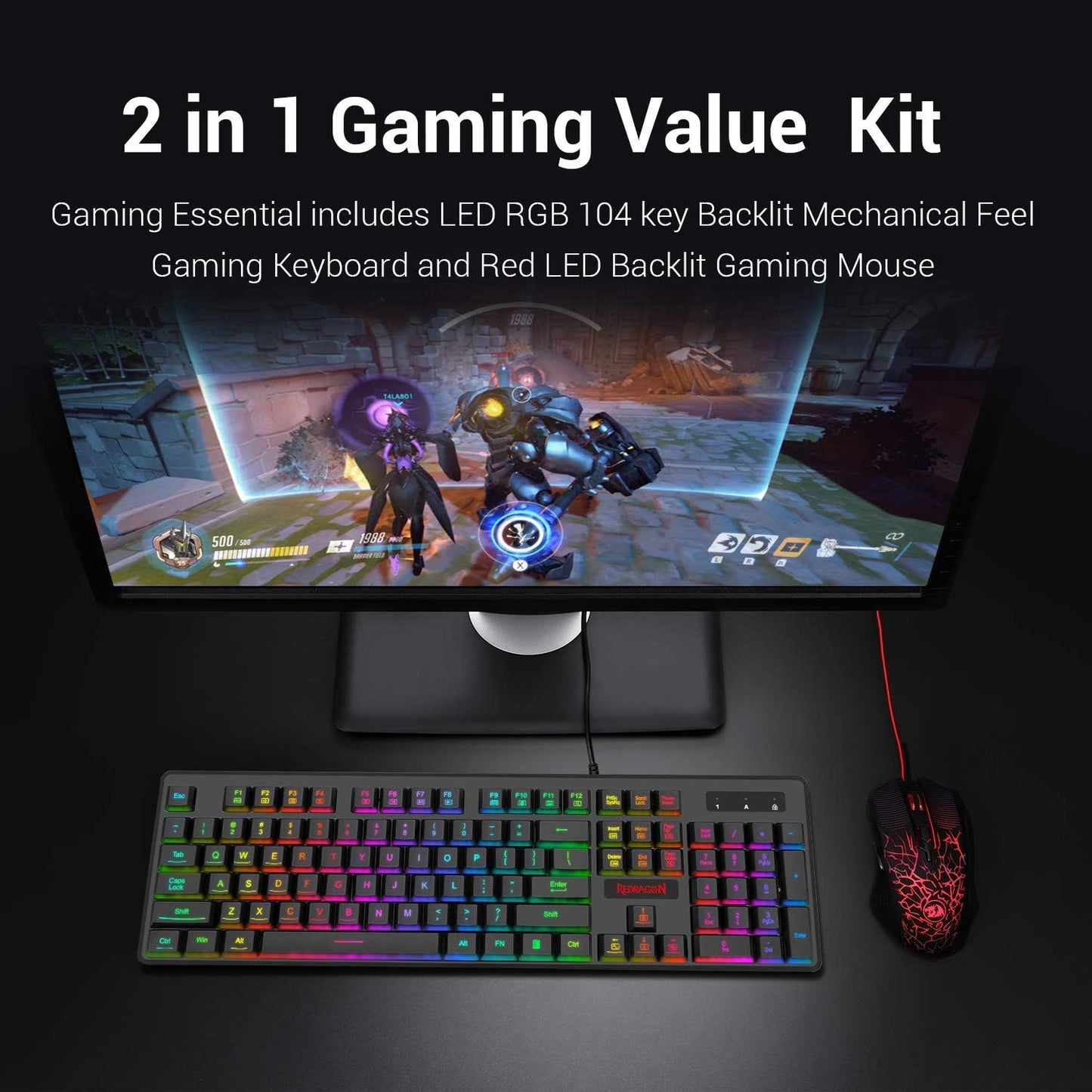 S107 Gaming Keyboard and Mouse Combo Wired Mechanical Feel RGB LED Backlit Keyboard 3200 DPI Gaming Mouse for Windows PC (Black)