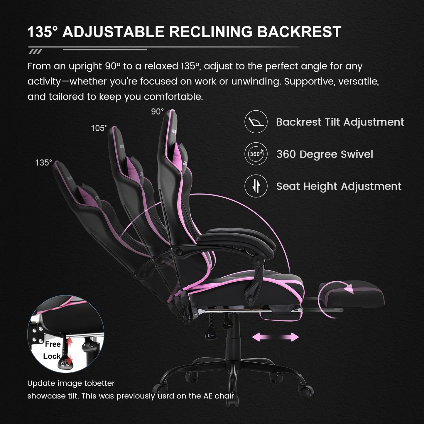 GTWD-200 Ergonomic Gaming Chair with Adjustable Pillows and Footrest , Pink