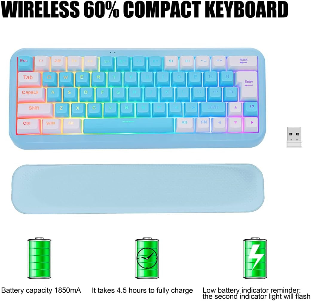 60% 2.4G Wireless Gaming Keyboard with Wrist Rest, Compact 63 Keys Mini RGB Light up Keyboard for PC Mac Laptop, Portable, Rechargeable Quiet for Typing and Gaming (Blue&White)