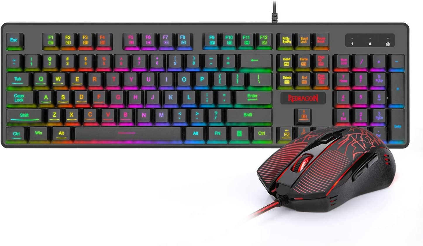 S107 Gaming Keyboard and Mouse Combo Wired Mechanical Feel RGB LED Backlit Keyboard 3200 DPI Gaming Mouse for Windows PC (Black)