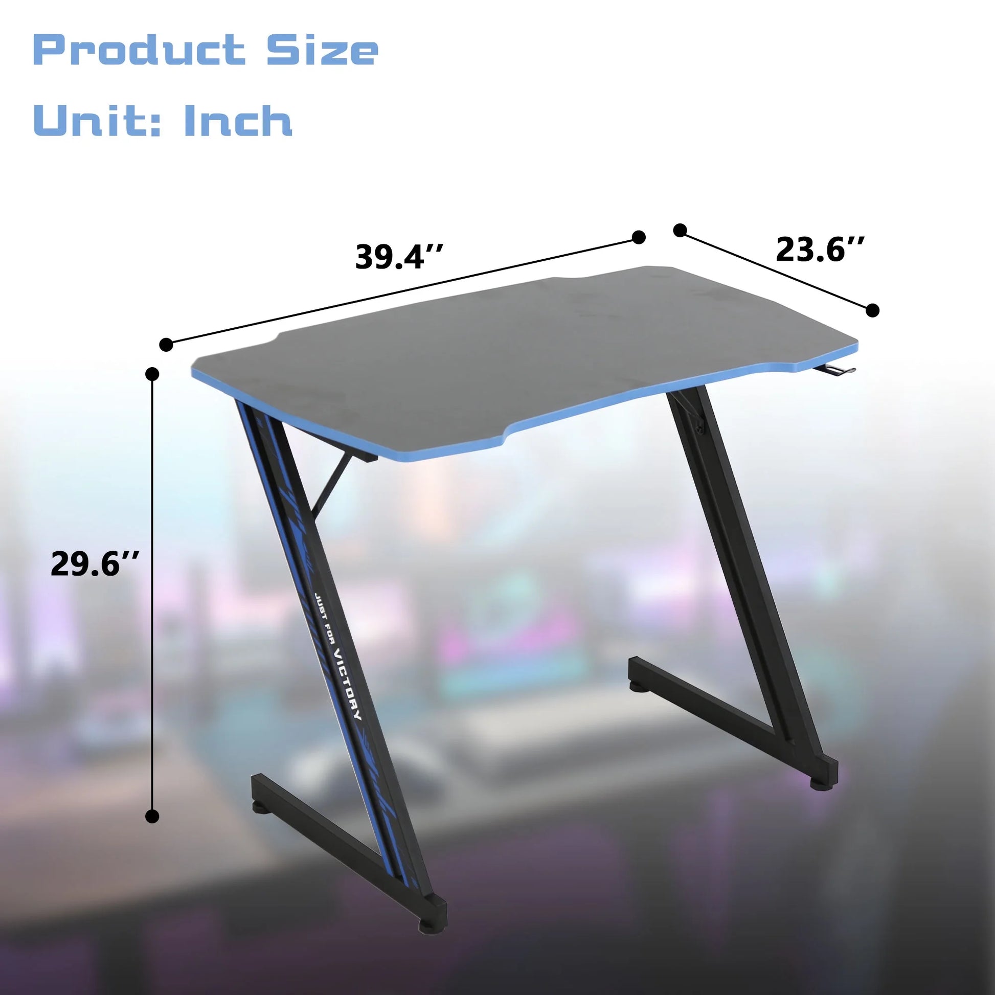 Gaming Desk Z Shaped 39In Computer Gaming Workstation Ergonomic Gaming Table with Headphone Hook for Game Players, Blue