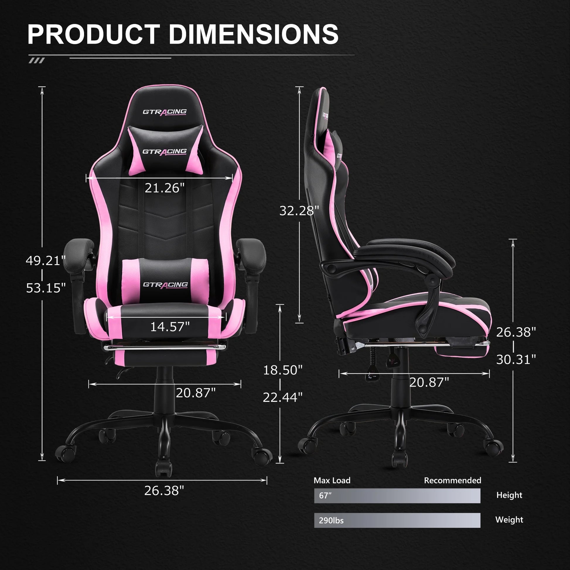 GTWD-200 Ergonomic Gaming Chair with Adjustable Pillows and Footrest , Pink