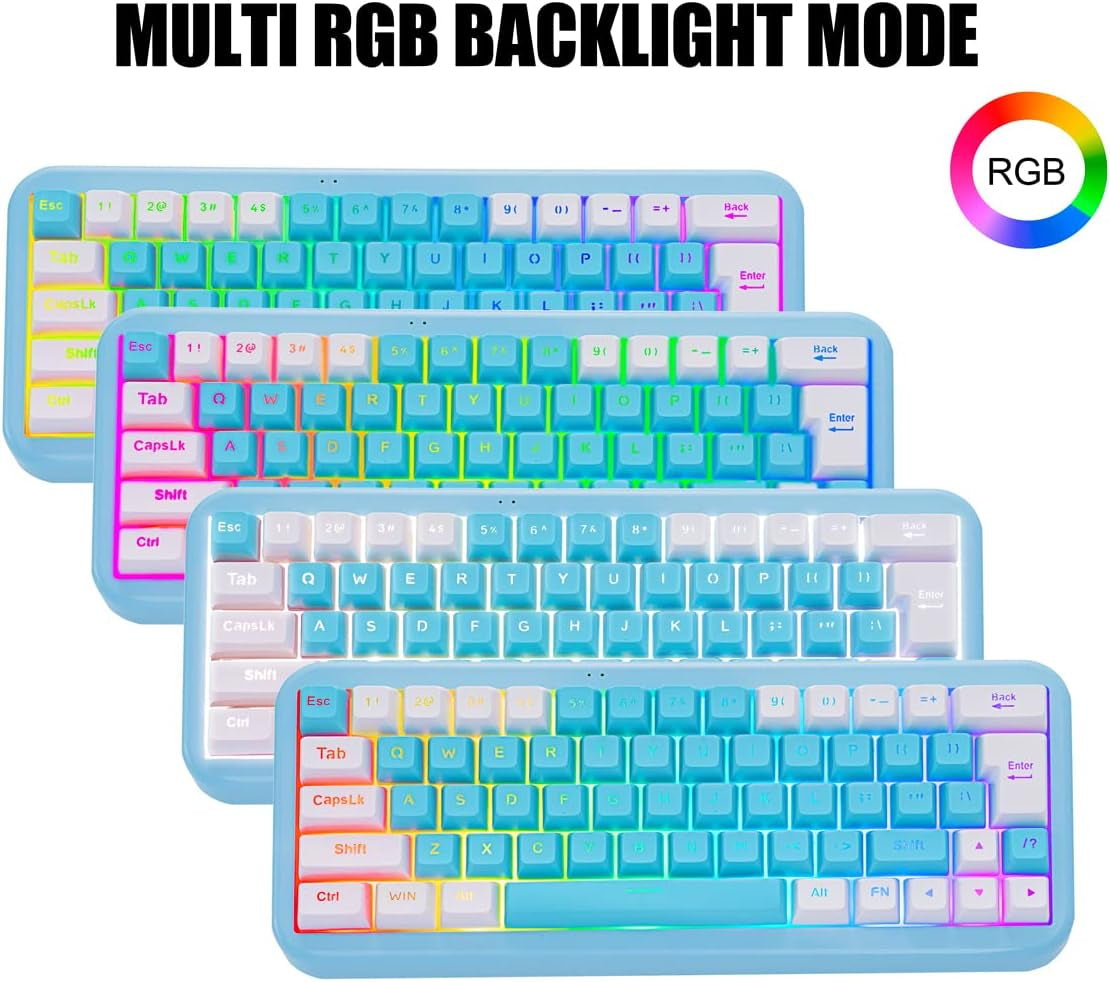 60% 2.4G Wireless Gaming Keyboard with Wrist Rest, Compact 63 Keys Mini RGB Light up Keyboard for PC Mac Laptop, Portable, Rechargeable Quiet for Typing and Gaming (Blue&White)