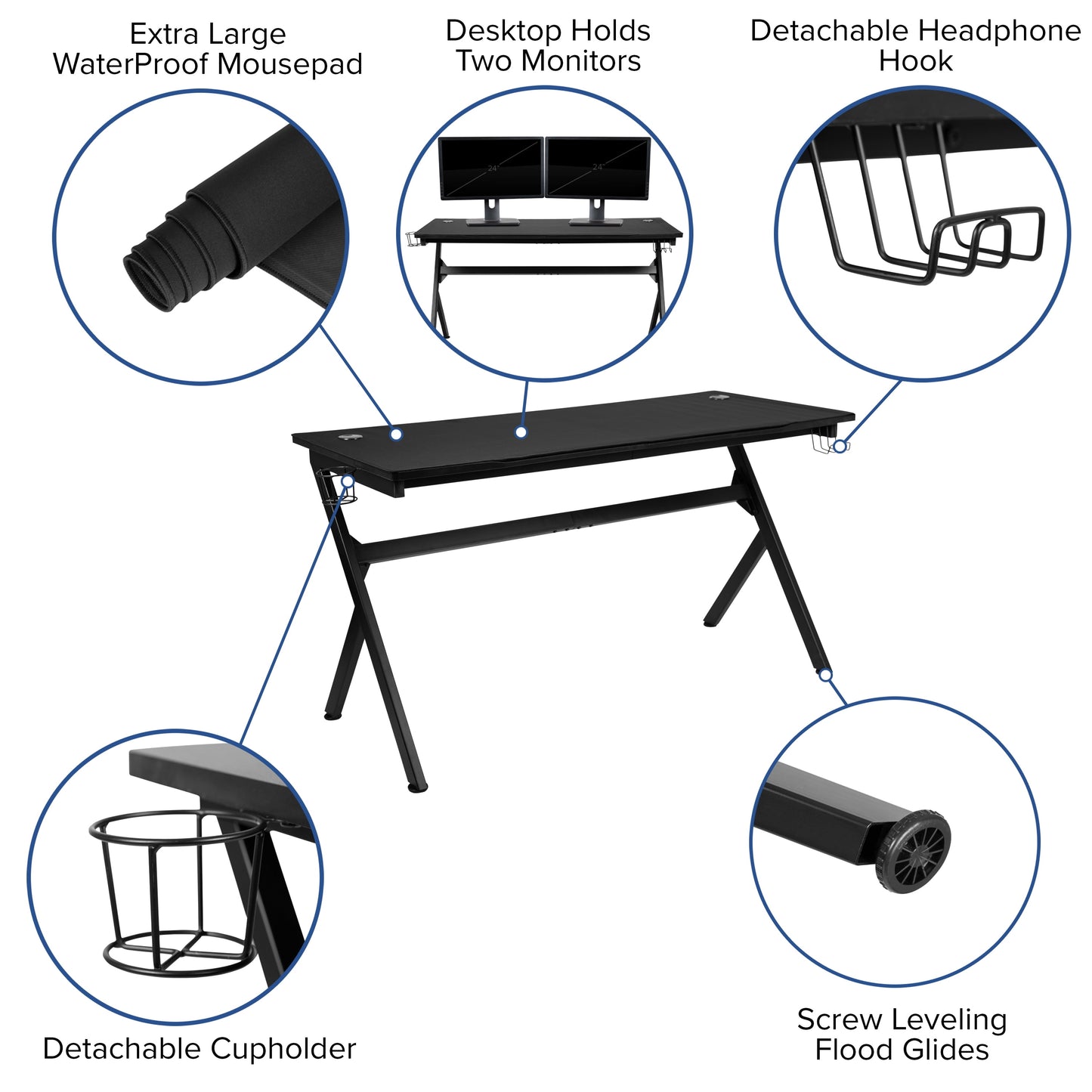 55" X 24" Extra Large Gaming Desk with Headphone Hook and Cup Holder - Free Mouse Pad