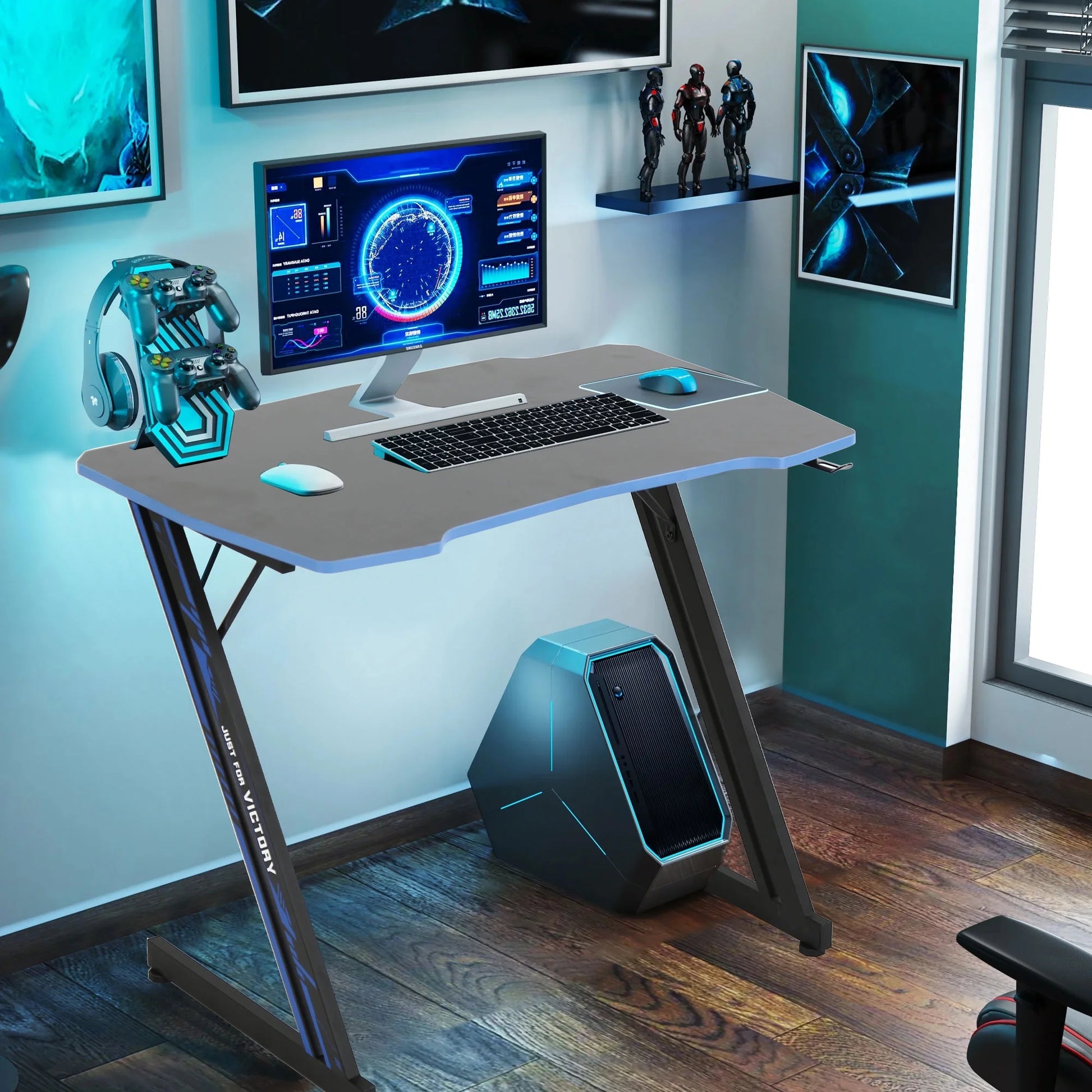 Gaming Desk Z Shaped 39In Computer Gaming Workstation Ergonomic Gaming Table with Headphone Hook for Game Players, Blue