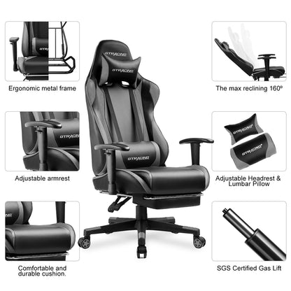 Gaming Chair with Footrest Ergonomic Reclining Office Chair Swivel Rocker, Gray