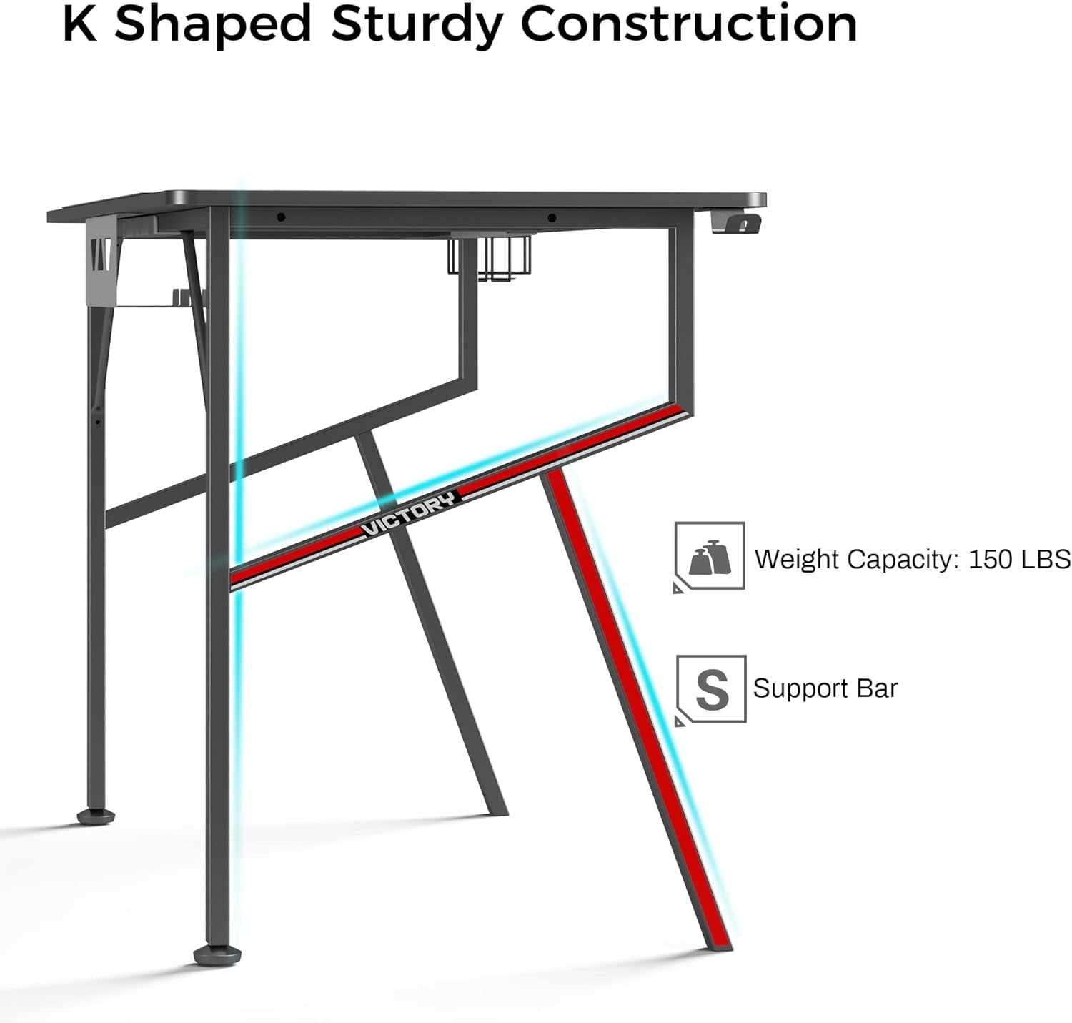 Gaming Desk 47 Inch, K Shaped Home Office PC Computer Desk Table for Gamer with Cable Management, Game Controller Stand, Cup Holder, Headphone Hook, Free Mouse Pad, Carbon Fiber Black