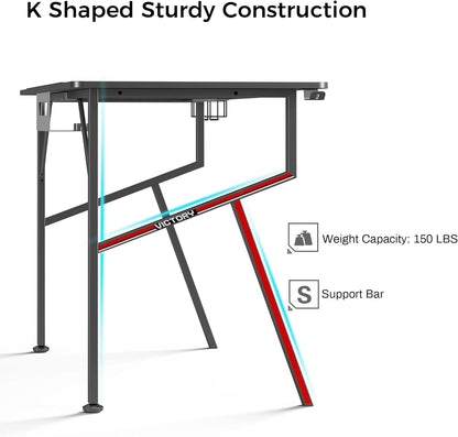 Gaming Desk 47 Inch, K Shaped Home Office PC Computer Desk Table for Gamer with Cable Management, Game Controller Stand, Cup Holder, Headphone Hook, Free Mouse Pad, Carbon Fiber Black