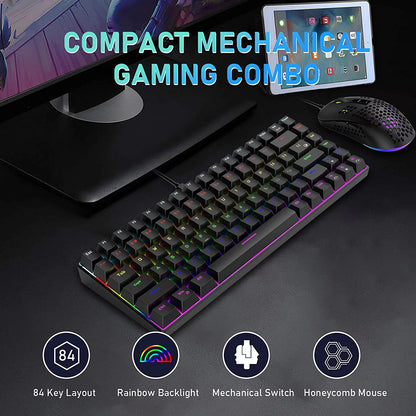 Wired Gaming Keyboard Rainbow Backlit Mechanical Keyboard Type-C 84 Keys Full Keys Anti-Ghosting for PC Gamers Work Office Blue Switch & Red Switch